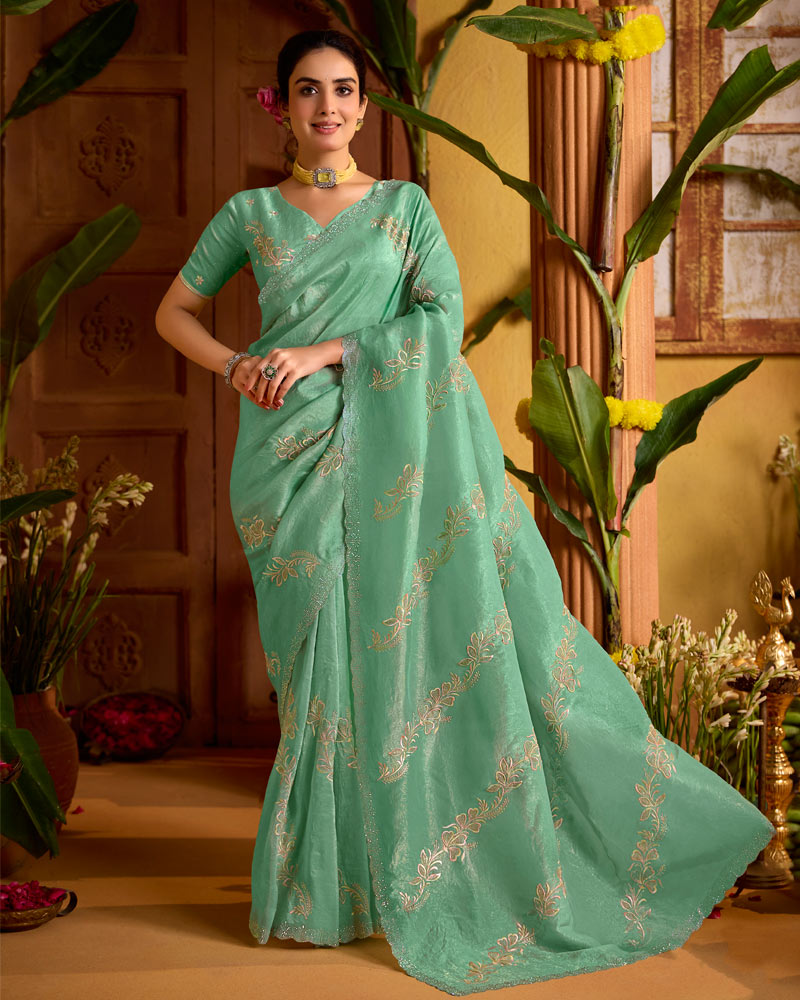 Dark Sage Green Designer Crushed Tissue Saree With Embroidery-Diamond Work And Cut Work Border