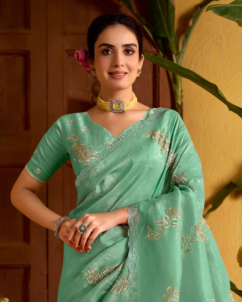 Dark Sage Green Designer Crushed Tissue Saree With Embroidery-Diamond Work And Cut Work Border