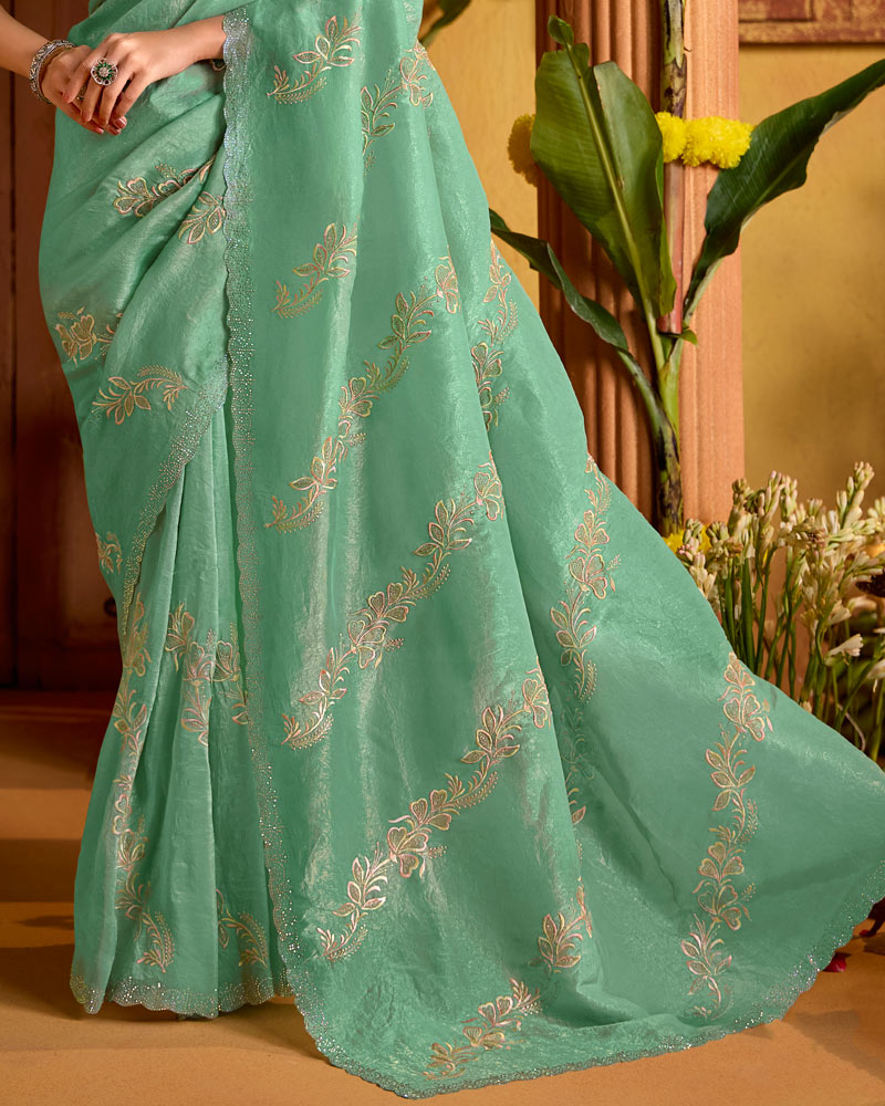 Dark Sage Green Designer Crushed Tissue Saree With Embroidery-Diamond Work And Cut Work Border