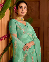 Dark Sage Green Designer Crushed Tissue Saree With Embroidery-Diamond Work And Cut Work Border
