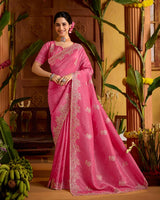 Deep Blush Pink Designer Crushed Tissue Saree With Embroidery-Diamond Work And Cut Work Border