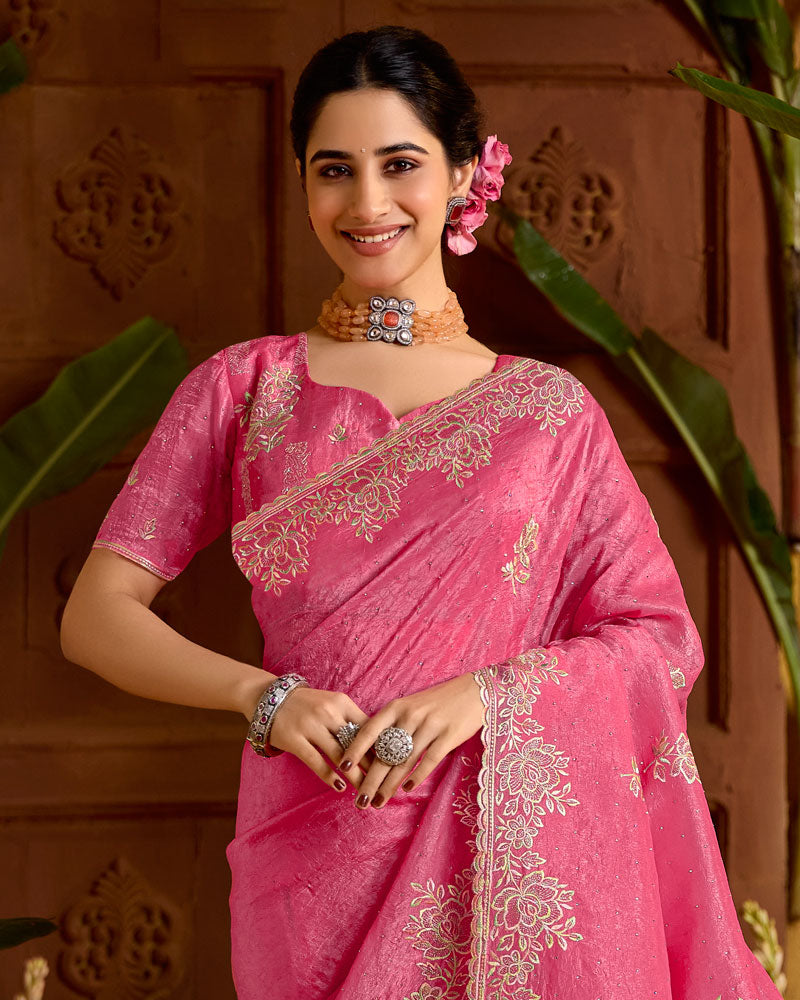 Deep Blush Pink Designer Crushed Tissue Saree With Embroidery-Diamond Work And Cut Work Border