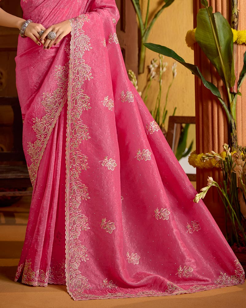 Deep Blush Pink Designer Crushed Tissue Saree With Embroidery-Diamond Work And Cut Work Border
