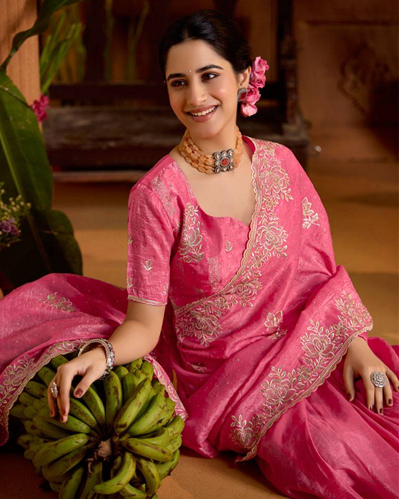 Deep Blush Pink Designer Crushed Tissue Saree With Embroidery-Diamond Work And Cut Work Border