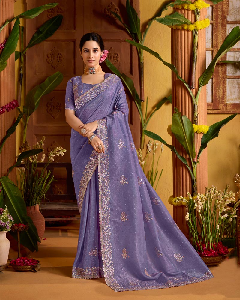 Dusty Purple Designer Crushed Tissue Saree With Embroidery-Diamond Work And Cut Work Border