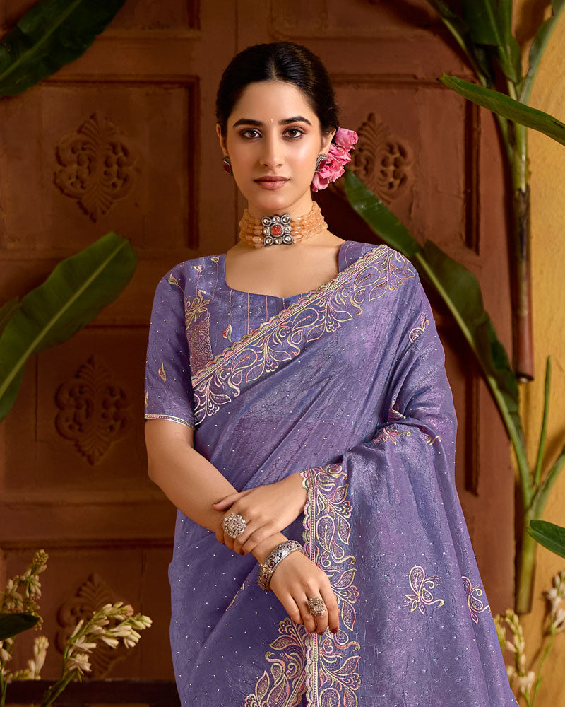 Dusty Purple Designer Crushed Tissue Saree With Embroidery-Diamond Work And Cut Work Border