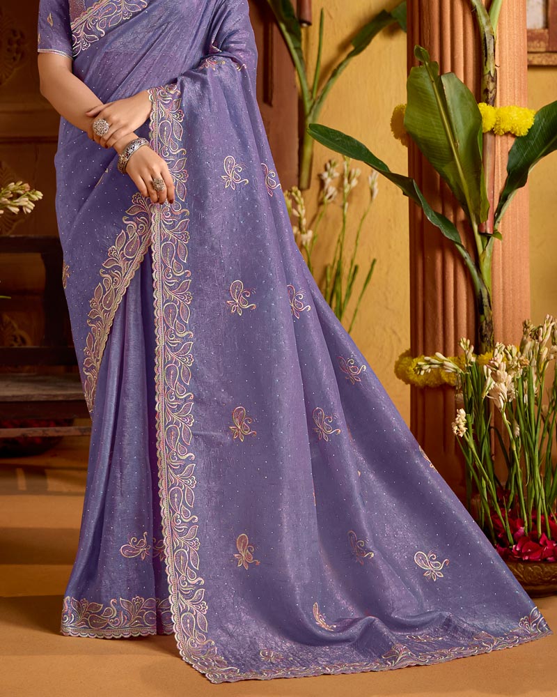 Dusty Purple Designer Crushed Tissue Saree With Embroidery-Diamond Work And Cut Work Border
