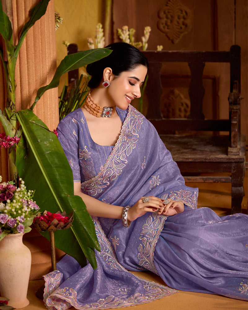 Dusty Purple Designer Crushed Tissue Saree With Embroidery-Diamond Work And Cut Work Border