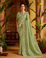 Pale Olive Green Designer Crushed Tissue Saree With Embroidery-Diamond Work And Cut Work Border