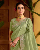 Pale Olive Green Designer Crushed Tissue Saree With Embroidery-Diamond Work And Cut Work Border