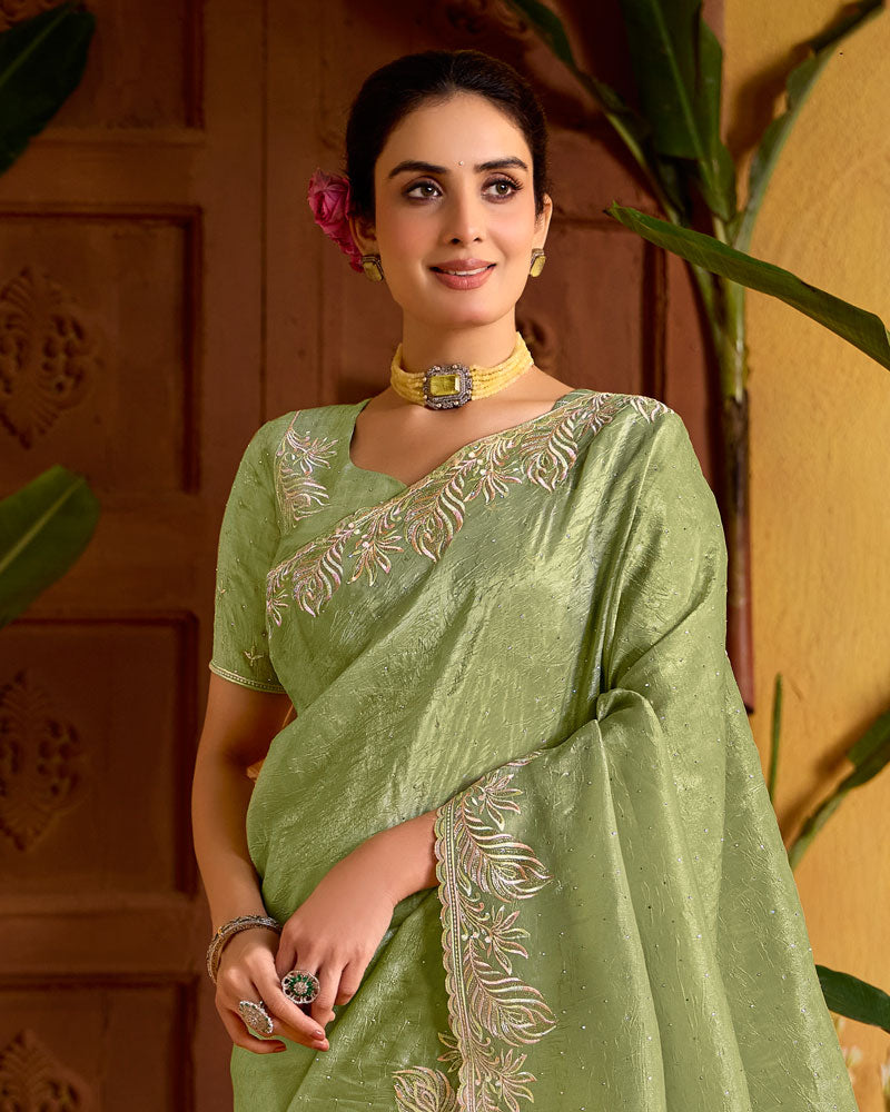 Pale Olive Green Designer Crushed Tissue Saree With Embroidery-Diamond Work And Cut Work Border