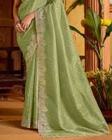 Pale Olive Green Designer Crushed Tissue Saree With Embroidery-Diamond Work And Cut Work Border