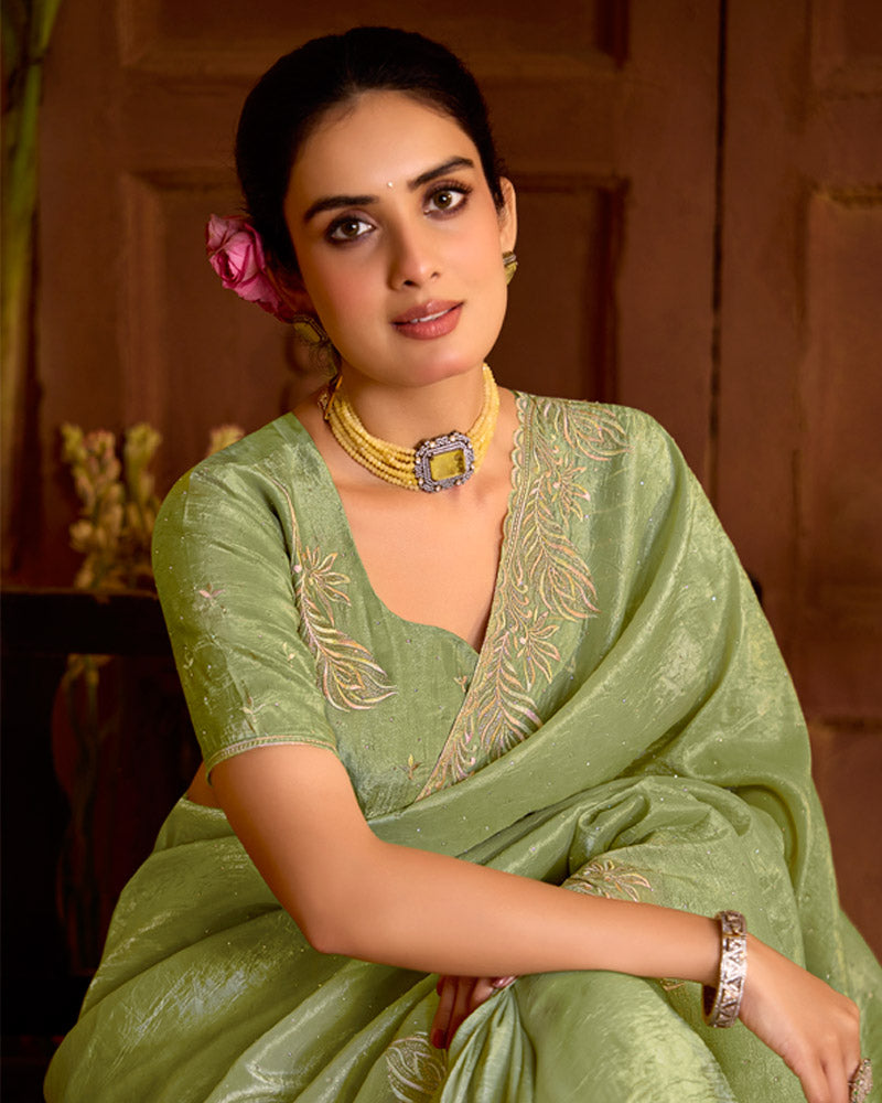 Pale Olive Green Designer Crushed Tissue Saree With Embroidery-Diamond Work And Cut Work Border