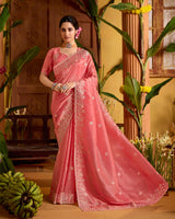 Dark Coral Designer Crushed Tissue Saree With Embroidery-Diamond Work And Cut Work Border