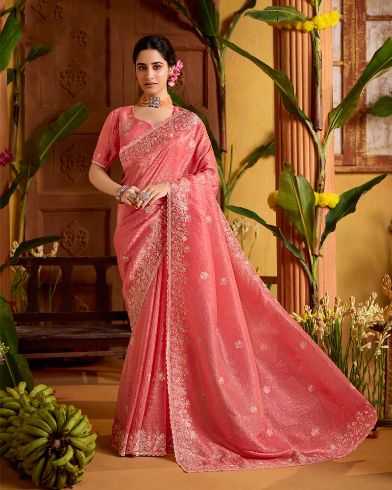 Dark Coral Designer Crushed Tissue Saree With Embroidery-Diamond Work And Cut Work Border