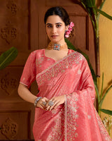 Dark Coral Designer Crushed Tissue Saree With Embroidery-Diamond Work And Cut Work Border