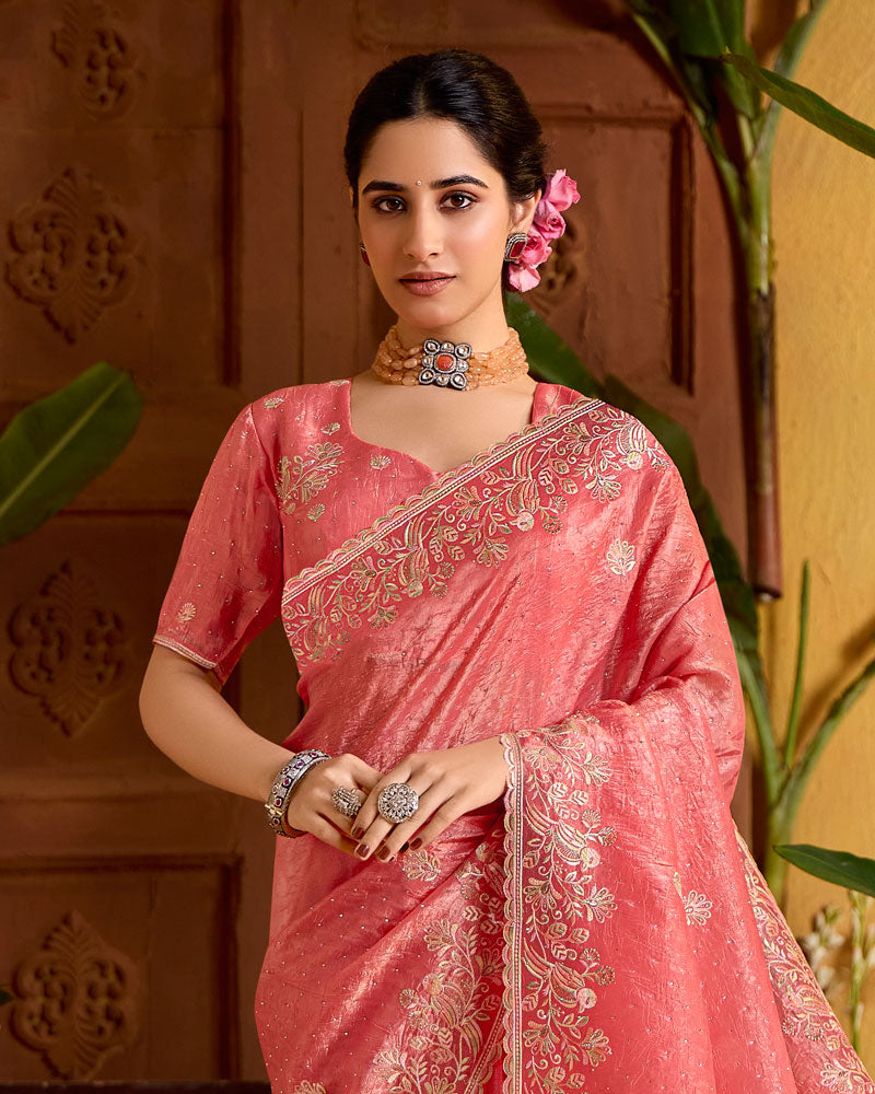 Dark Coral Designer Crushed Tissue Saree With Embroidery-Diamond Work And Cut Work Border
