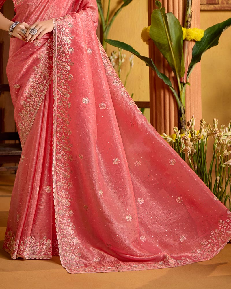 Dark Coral Designer Crushed Tissue Saree With Embroidery-Diamond Work And Cut Work Border