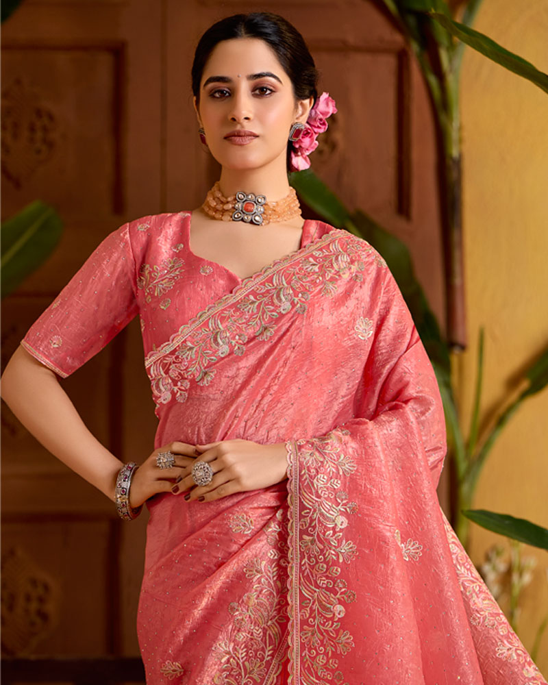 Dark Coral Designer Crushed Tissue Saree With Embroidery-Diamond Work And Cut Work Border