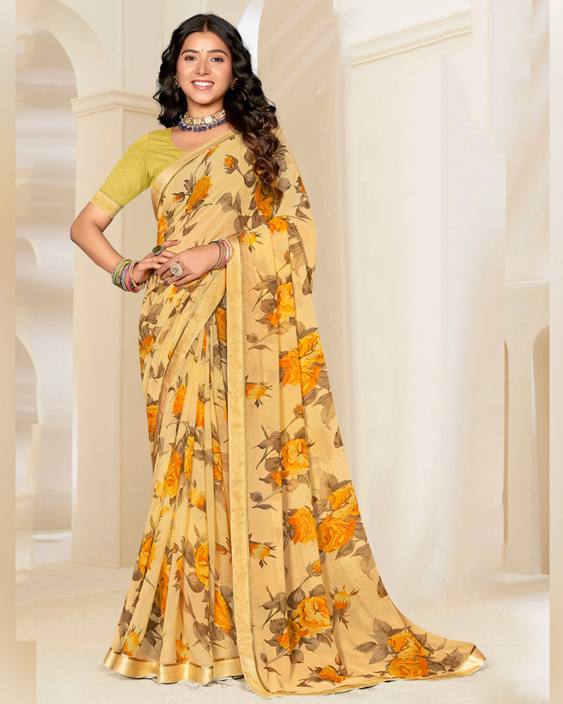 Vishal Prints Light Peachy Yellow Printed Georgette Saree With Satin Border