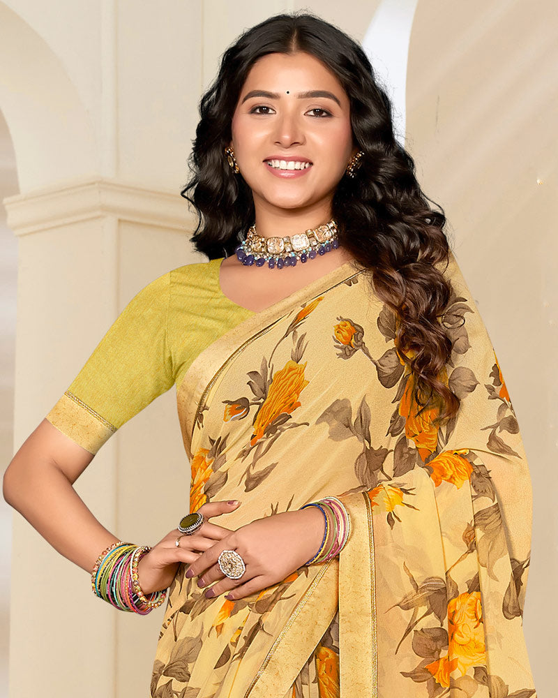 Vishal Prints Light Peachy Yellow Printed Georgette Saree With Satin Border