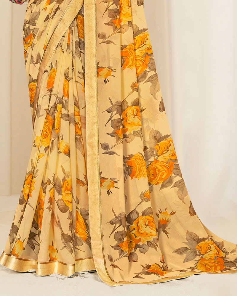 Vishal Prints Light Peachy Yellow Printed Georgette Saree With Satin Border