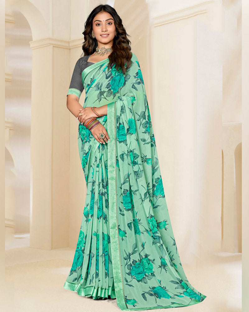 Vishal Prints Summer Green Printed Georgette Saree With Satin Border