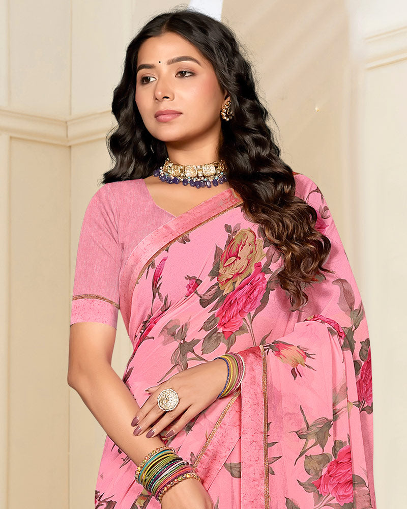 Vishal Prints Flamingo Pink Printed Georgette Saree With Satin Border