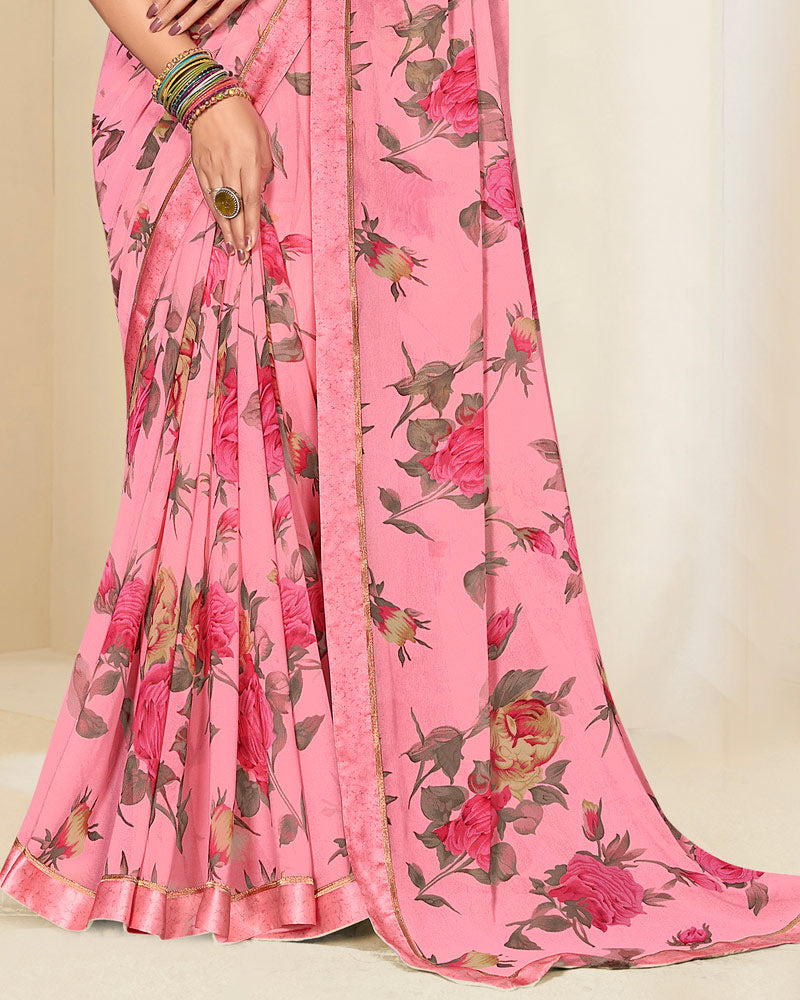 Vishal Prints Flamingo Pink Printed Georgette Saree With Satin Border