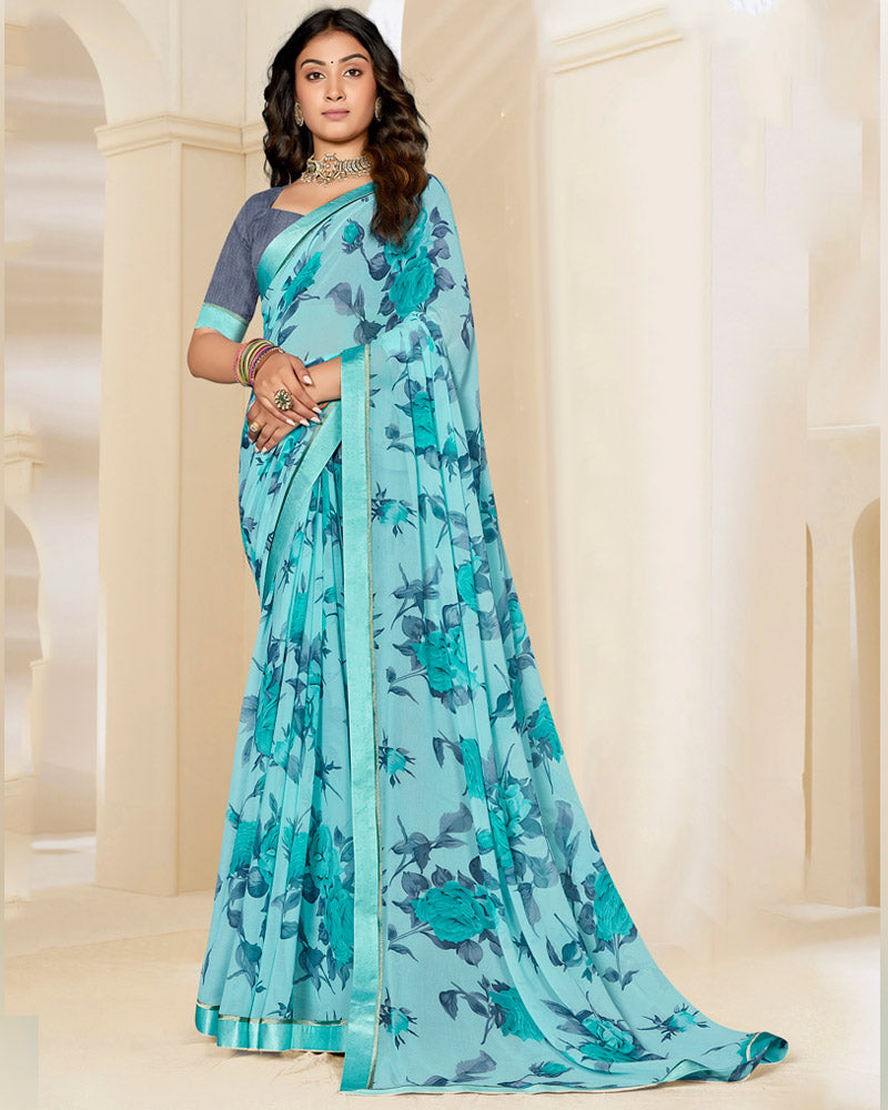 Vishal Prints Pastel Aqua Blue Printed Georgette Saree With Satin Border