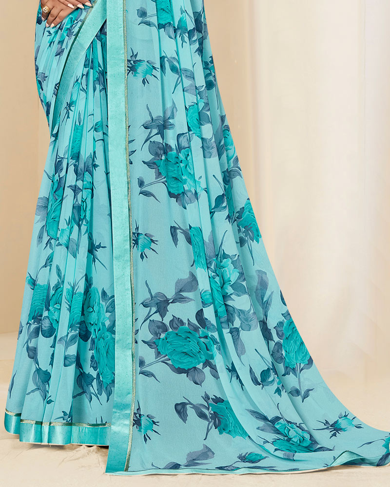 Vishal Prints Pastel Aqua Blue Printed Georgette Saree With Satin Border