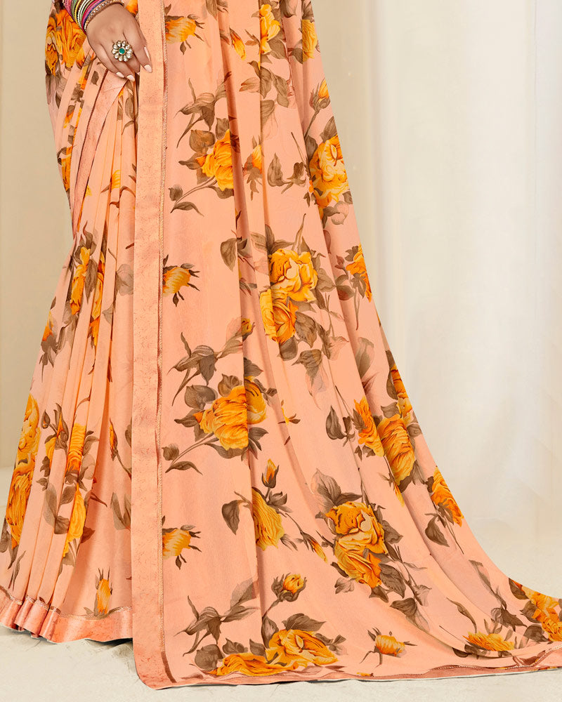 Vishal Prints Pastel Salmon Orange Printed Georgette Saree With Satin Border
