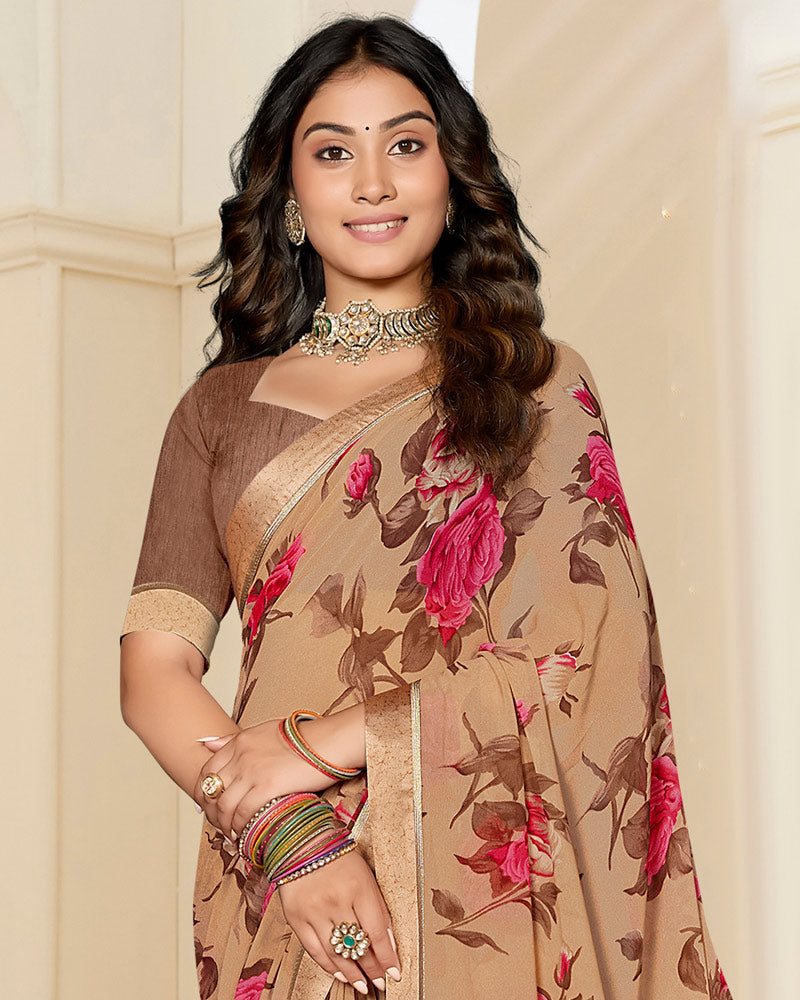 Vishal Prints Light Orangey Brown Printed Georgette Saree With Satin Border