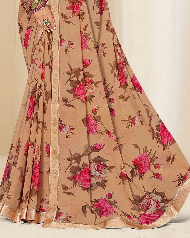 Vishal Prints Light Orangey Brown Printed Georgette Saree With Satin Border
