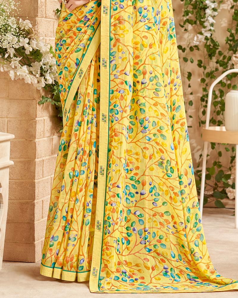 Vishal Prints Pastel Yellow Printed Patterned Georgette Saree With Fancy Border