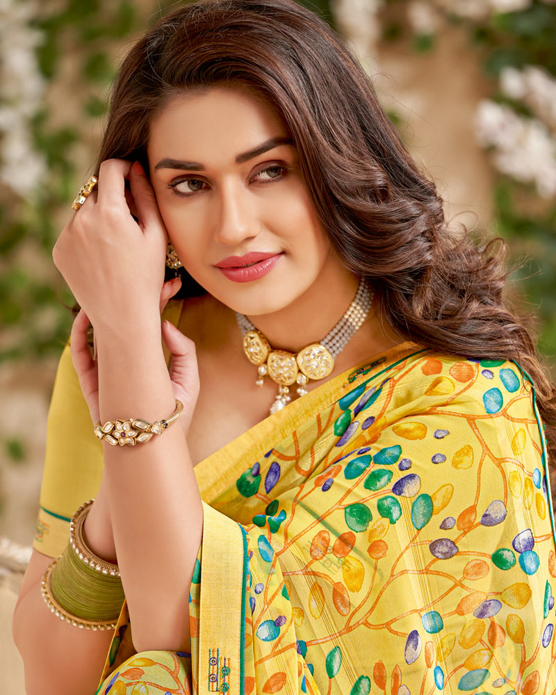 Vishal Prints Pastel Yellow Printed Patterned Georgette Saree With Fancy Border