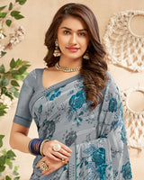 Vishal Prints Grey Printed Patterned Georgette Saree With Fancy Border