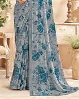 Vishal Prints Grey Printed Patterned Georgette Saree With Fancy Border