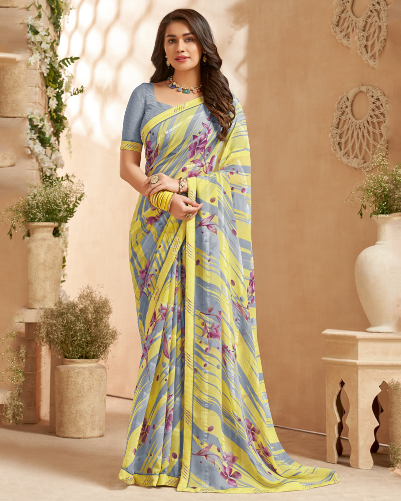 Vishal Prints Light Yellow Printed Patterned Georgette Saree With Fancy Border