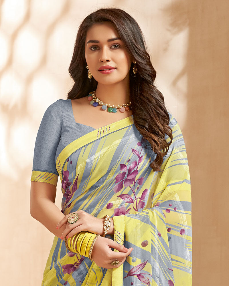Vishal Prints Light Yellow Printed Patterned Georgette Saree With Fancy Border