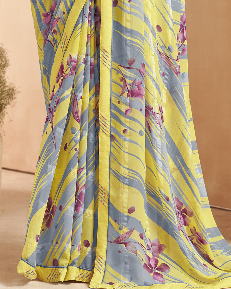 Vishal Prints Light Yellow Printed Patterned Georgette Saree With Fancy Border