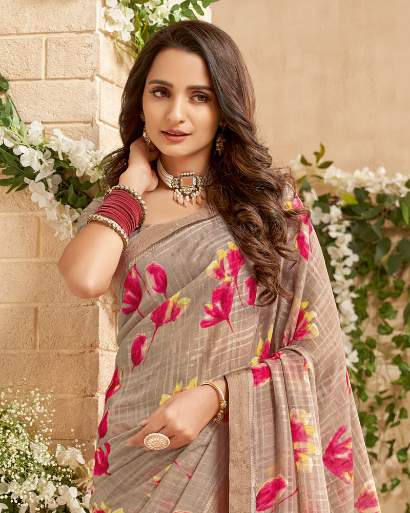 Vishal Prints Dusty Brown Printed Patterned Georgette Saree With Fancy Border