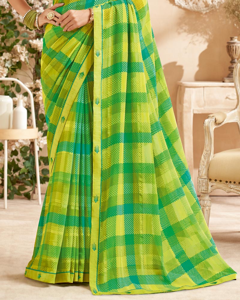 Vishal Prints Lime Green Printed Patterned Georgette Saree With Fancy Border