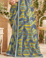 Vishal Prints River Bed Grey Printed Patterned Georgette Saree With Fancy Border