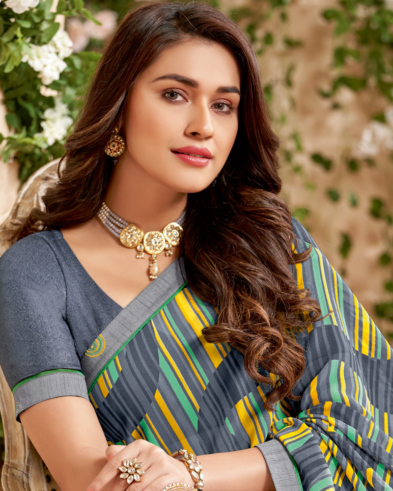 Vishal Prints River Bed Grey Printed Patterned Georgette Saree With Fancy Border