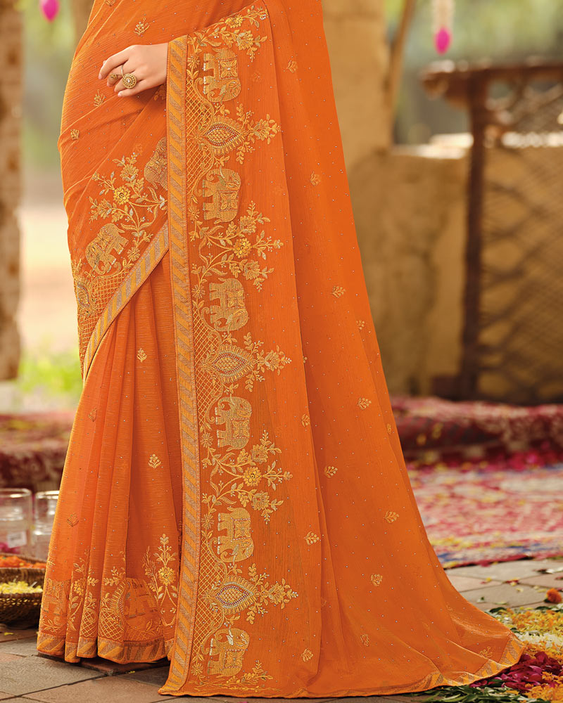 Vishal Prints Orange Dyed Designer Chiffon Saree With Embroidery-Diamond Work And Zari Border