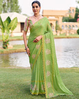Vishal Prints Olivine Green Designer Chiffon-Viscose Saree With Embroidery-Diamond Work And Cut Work Border