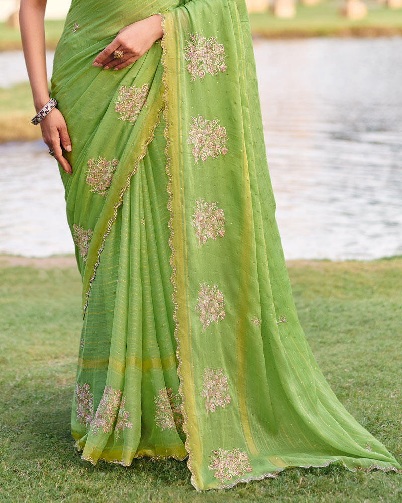 Vishal Prints Olivine Green Designer Chiffon-Viscose Saree With Embroidery-Diamond Work And Cut Work Border