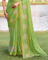 Vishal Prints Olivine Green Designer Chiffon-Viscose Saree With Embroidery-Diamond Work And Cut Work Border