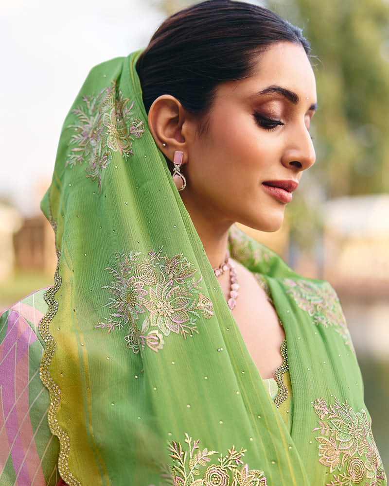 Vishal Prints Olivine Green Designer Chiffon-Viscose Saree With Embroidery-Diamond Work And Cut Work Border